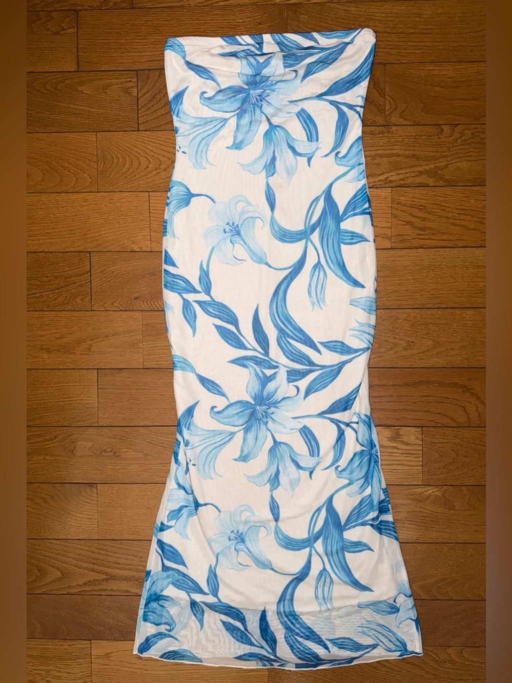 See You Monday White Strapless Dress with Blue Floral Print